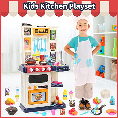 CUTE STONE Play Kitchen, Kids Kitchen Playset with Real Sounds & Lights, Pretend Play Food Toys, Play Sink, Cooking Stove with Steam, Toddler Kitchen Toy Gift for Boys and Girlis (Blue)
