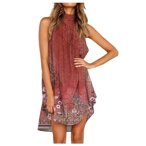 Womens Summer Dresses, Beach Dress for Women Halter Neck Sleeveless Mini Tank Top Pleated Flowy Short Beach Sundress