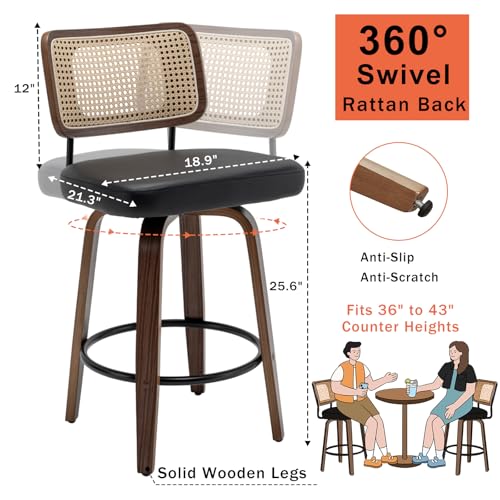 Set of 2 Swivel Rattan Counter Stools - 26 inch Mid Century Modern Bar Stools with Cane Back, Walnut Craftsmanship, Upholstered Seat, Walnut Counter Stools for Kitchen/Island/Counter (Walnut Brown)
