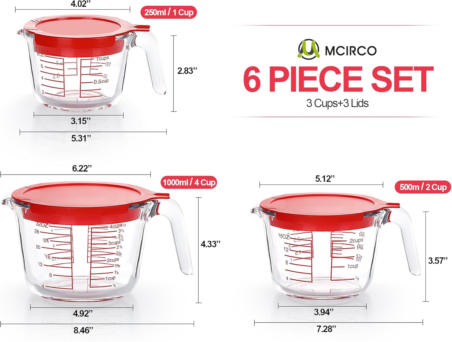M MCIRCO 6 Pcs Glass Measuring Cups with Lids Set, 1-Cup, 2-Cup, 4-Cup Measuring Jugs with Handle, Nesting Liquid Measuring Cups for Kitchen