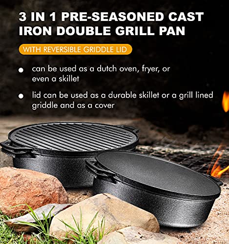 Bruntmor 3-In-1 Pre-Seasoned Cast Iron Pan with Reversible Grill Griddle Lid - 17.8