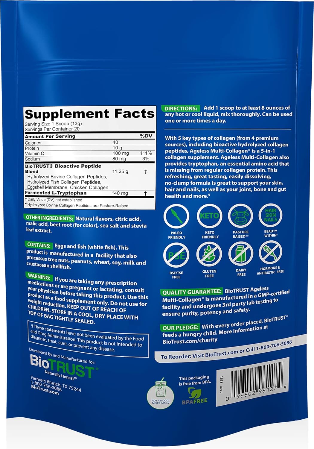 BioTrust Ageless Multi Collagen 5-in-1 Protein Powder (Fruit Punch) BlenderBottle Bundle