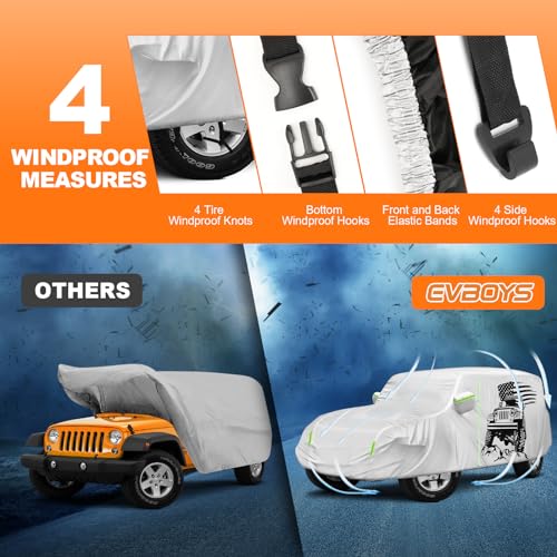 Windproof Cover Waterproof Fits for 2006-2023 Wrangler JK JL 4 Door, Full Exterior Covers Sun Rain Wind Protection, Cover with Driver Door Zipper
