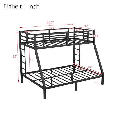 Full XL Over Queen Metal Bunk Beds for Adults,Heavy Duty Adult Bunk Beds,Bunk Bed Full Over Queen with 2 Ladders,Queen Bunk Bed,Noise-Free,Black