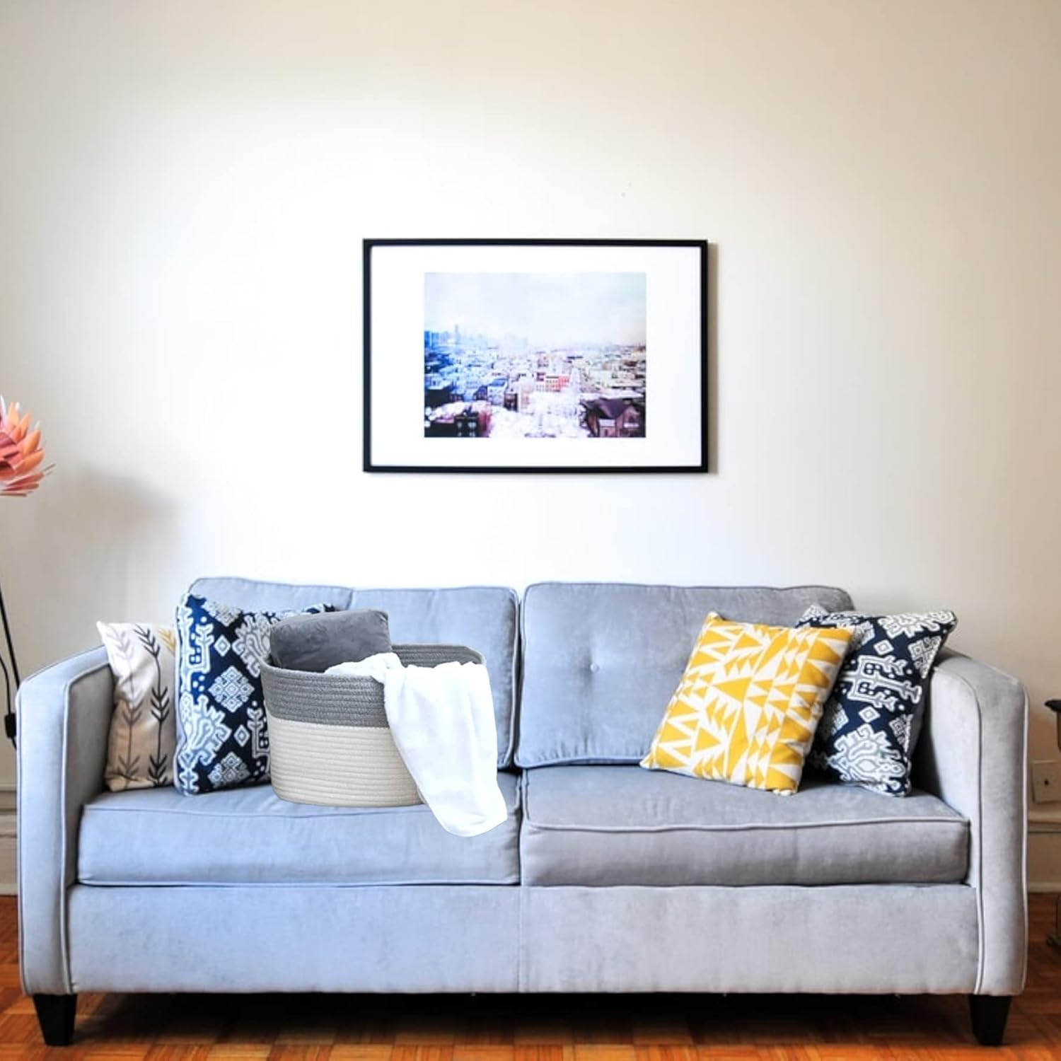 Oval Cotton Rope Basket - 18 Inch Diameter - Gray/White Color - Open Top Storage