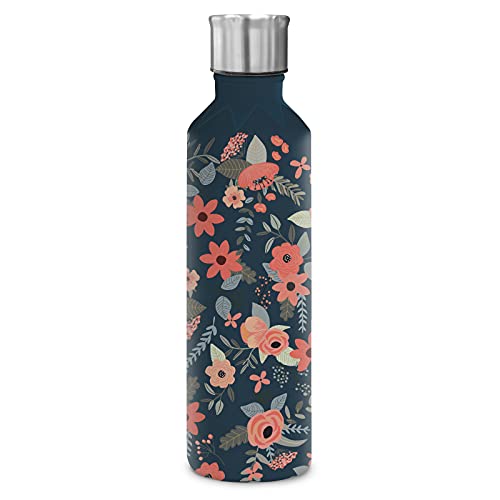 OCS Designs Insulated Stainless-Steel Water Bottle - 17-Ounces - Secret Garden Triangle Shoulder Bottle in Navy by Mia Charro, for Studio Oh! - Vacuum Seal Keeps Liquids Cold up to 24 Hours - BPA-Free