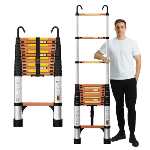 EvaStar 26.2FT Telescoping Ladder, Aluminum Lightweight Extension Ladder w/Triangle Stabilizer, Stabilizer Bar & Wheels, 330lbs Capacity Collapsible Ladders, Telescopic Ladder for Home & Outdoor