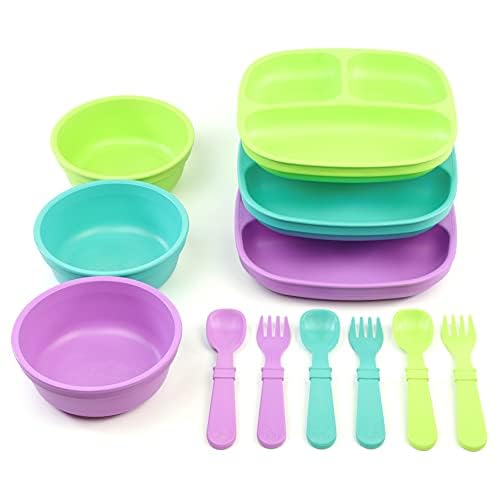 Re-Play Made in USA - 3 Meals a Day Set - 3 Divided Plates, 3 Sets of Utensils - BPA Free, Made from Environmentally Friendly Recycled Milk Jugs - Princess with 3 Wide Base Bowls