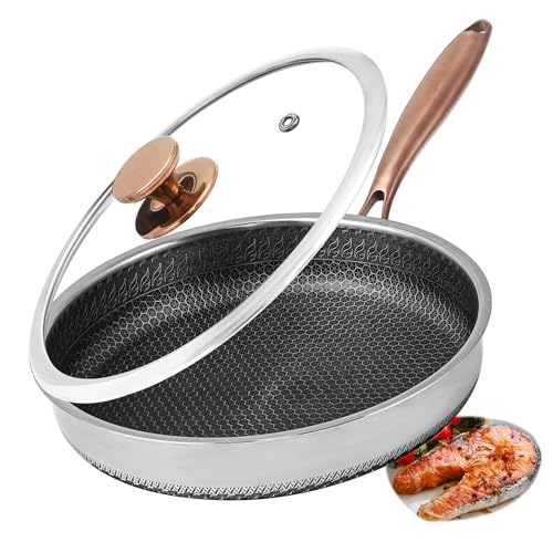Frying Pans Nonstick, 12 inch Hybrid Non Stick Frying Pan with Lid, Stainless Steel Non Toxic PFOA Free Scratch-resistant Coating Skillets, Dishwasher & Oven Safe Induction Compatible Cookware