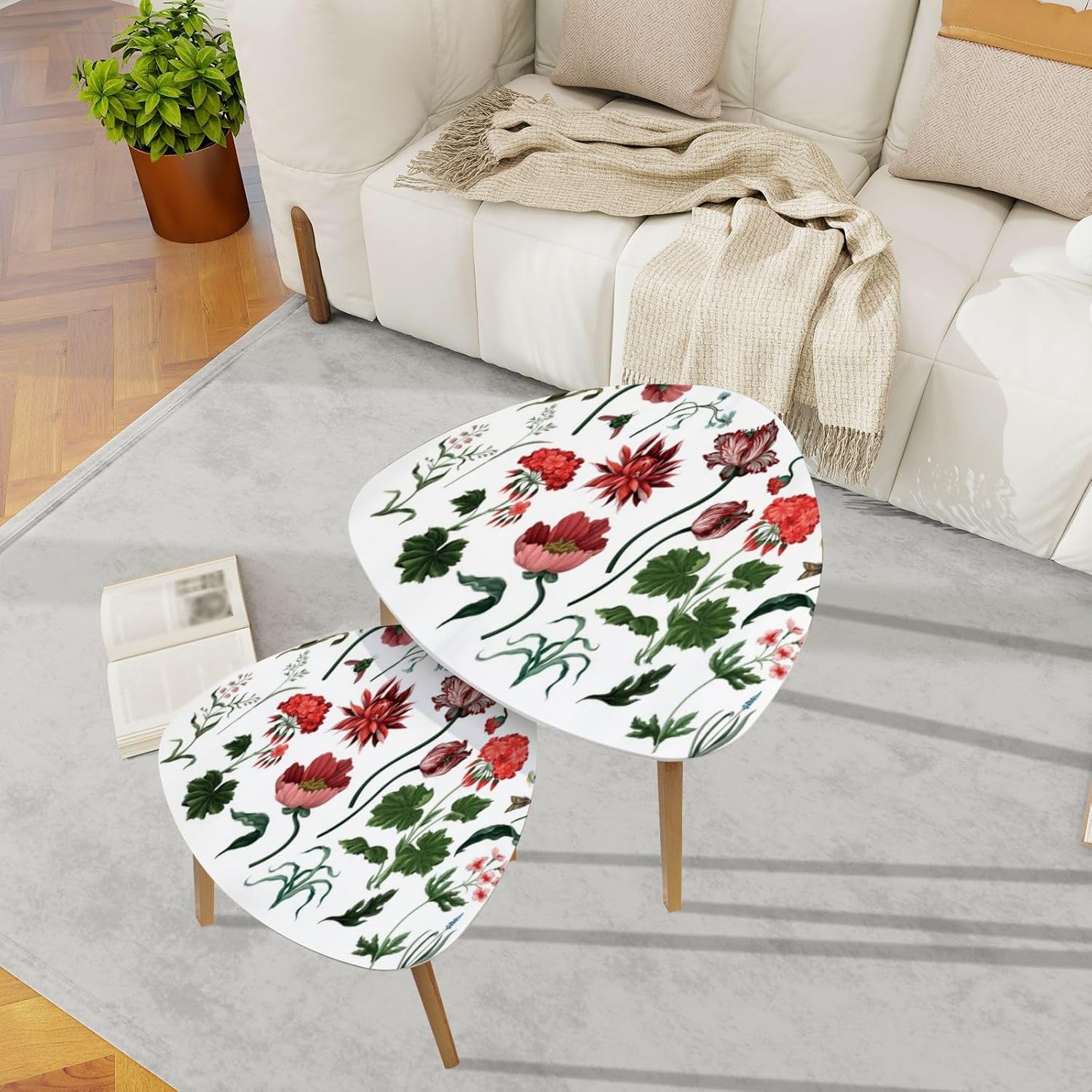 Small Coffee Nesting Table Botanical victorian flowers Tulip peony other Modern Minimalist Side Table Triangle End Tea Table Set of 2 for Living Room Bedroom