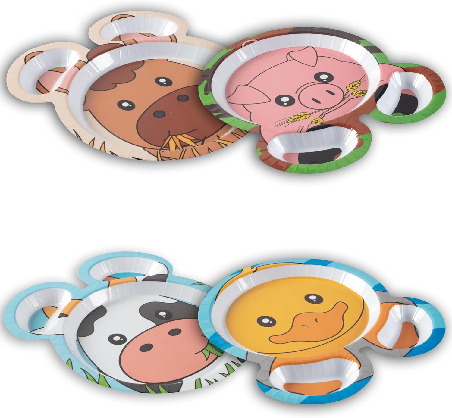 Farm Friends Mealtime Melamine Feeding Plates- Set of 4 Unique Cute Zoo Animal Pal Dishes for Kids- Horse Pig Duck Cow- Divided Compartments for Food Groups & Easy Grabbing, BPA Free, Dishwasher Safe