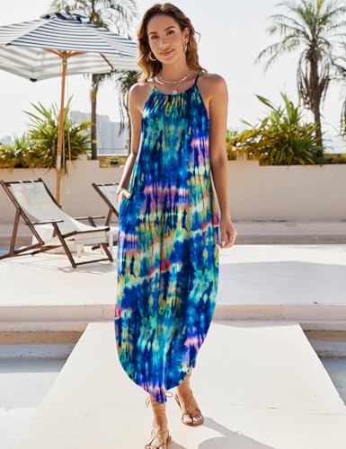 Halife Womens Summer Dresses Casual Loose Halter Long Sundress Sleeveless Split Maxi Beach Dress with Pockets