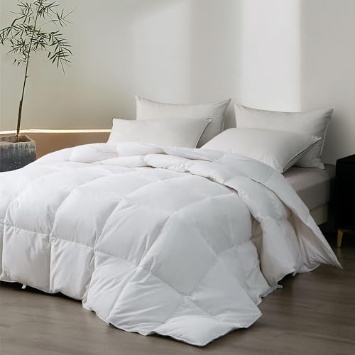 Lightweight White Goose Feather Comforter King Size - Ultra Soft Organic Cotton Quilted, All-Season Feather Down Duvet Insert with 8 Tabs - King (106 x 90”)
