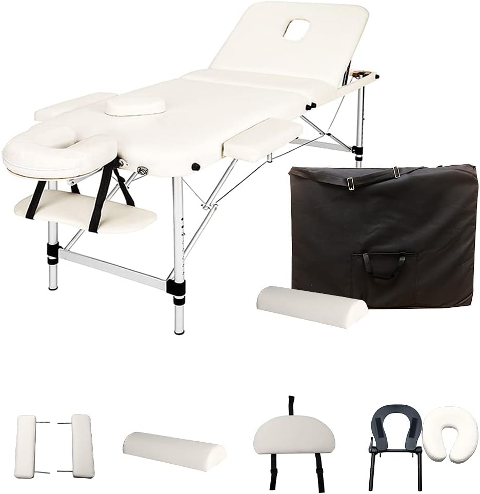 White 3-Section Aluminum 84'' L Portable Massage Table Facial SPA Bed Tattoo w/Bolster Pillow, Light Pink
