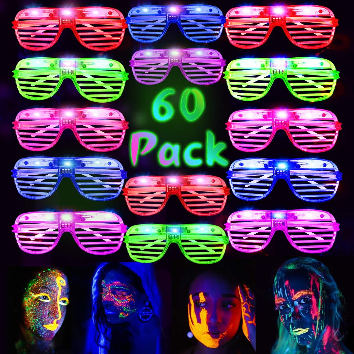 HWG 60 Pack Glow in The Dark Glasses, LED Christmas Party Supplies 5 Colors Light Up Glasses Shutter Shades Kids/Adult Party Accessories