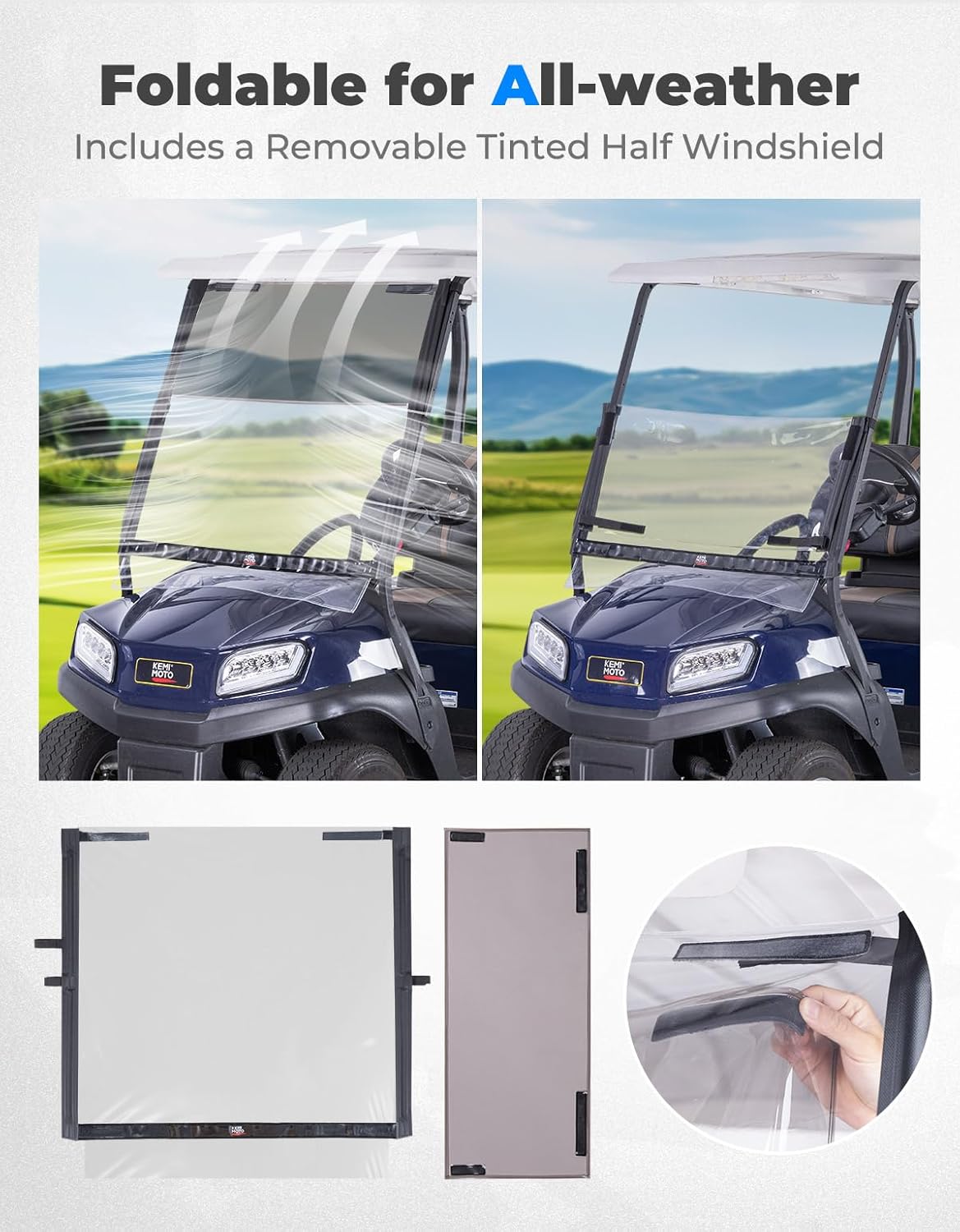 KEMIMOTO Foldable Golf Cart Windshield Compatible with Club Car DS, Tempo, Precedent, Portable Lightweight PVC with Tinted Half Windshield
