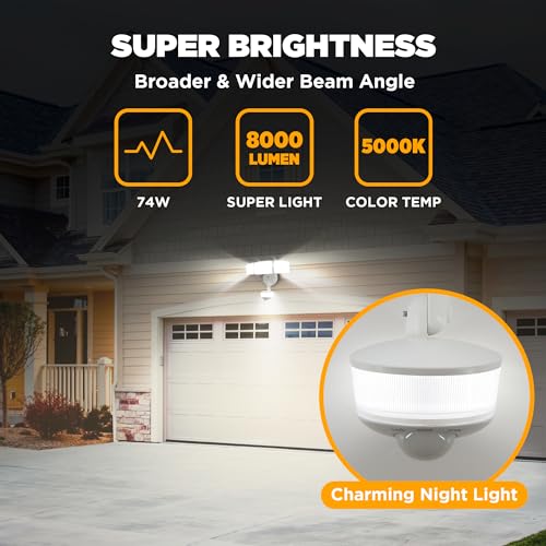 LUTEC 74W 8000 Lumen Motion Sensor Outdoor Lights, 5000K Daylight, IP65 Waterproof Flood Lights Outdoor with Night Light, Dusk to Dawn Motion Detector Security Lights for Outside Garage, Yard-Black