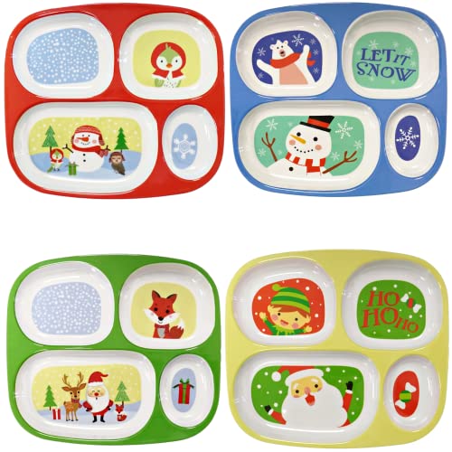 4E's Novelty Christmas Dinnerware Divided Plates For Kids (Set of 4) Melamine Plastic BPA Free Sectional Holiday Dinner Plates, Christmas Dishes for Toddlers