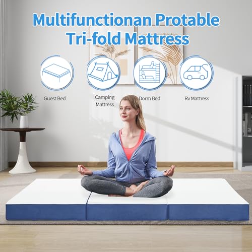 CYMULA Folding Mattress Full Size,4 inch Memory Foam Tri Fold Mattress,Portable Folding Mattress with Washable Cover, Foldable Mattress Topper full for CYMULA Camping,Guest (52