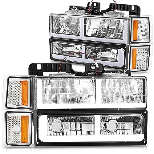 DNA MOTORING U Style LED DRL Headlight+Bumper Signal+Corner Lamps Set Compatible with 94-00 Chevy C/K1500 2500 Suburban Tahoe,Smoked/Amber,HL-LB3-8P-C1094-SM-AM