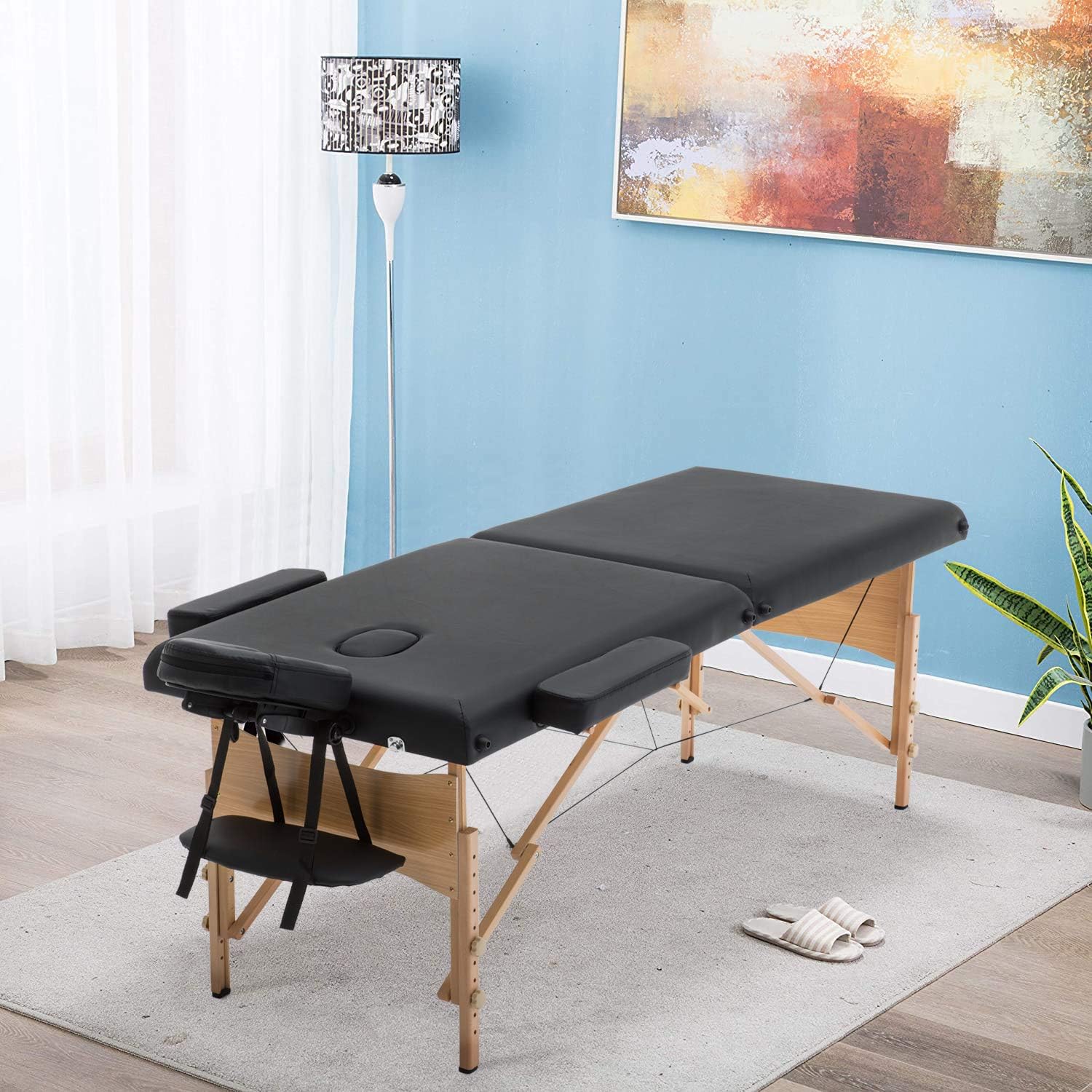 Sentiment Height Adjustable 73 Inches Long 28 Inches Wide 2 Folding Bed Portable Massage Table with Carrying, Black
