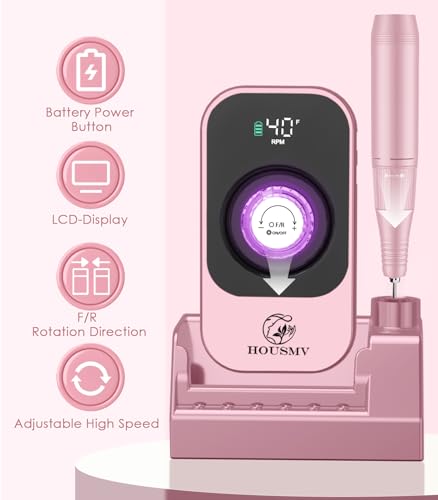 Portable Nail Drill Electric File: Professional Nail E File Machine 40000RPM for Acrylic Nails Remove Nail Gel Polish Manicure, Rechargeable Cordless Nail Drill with Bits & Base for Salon Home, Pink