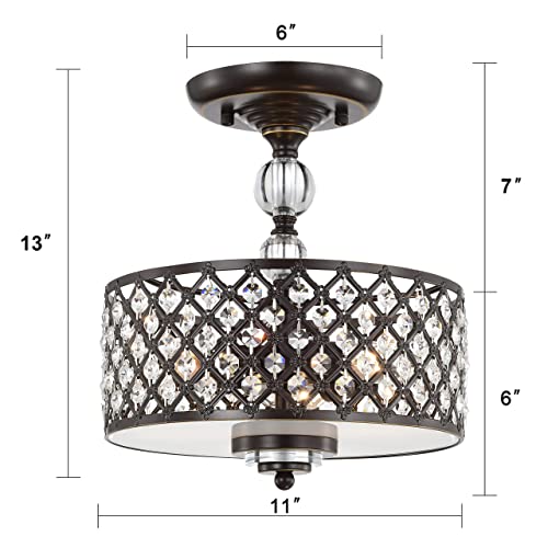 LaLuLa Flush Mount Chandelier Crystals Semi Flush Mount Ceiling Light Bronze Chandelier Lighting Small Drum Chandelier Antique 3 Light Flush Mount Light Fixtures Ceiling
