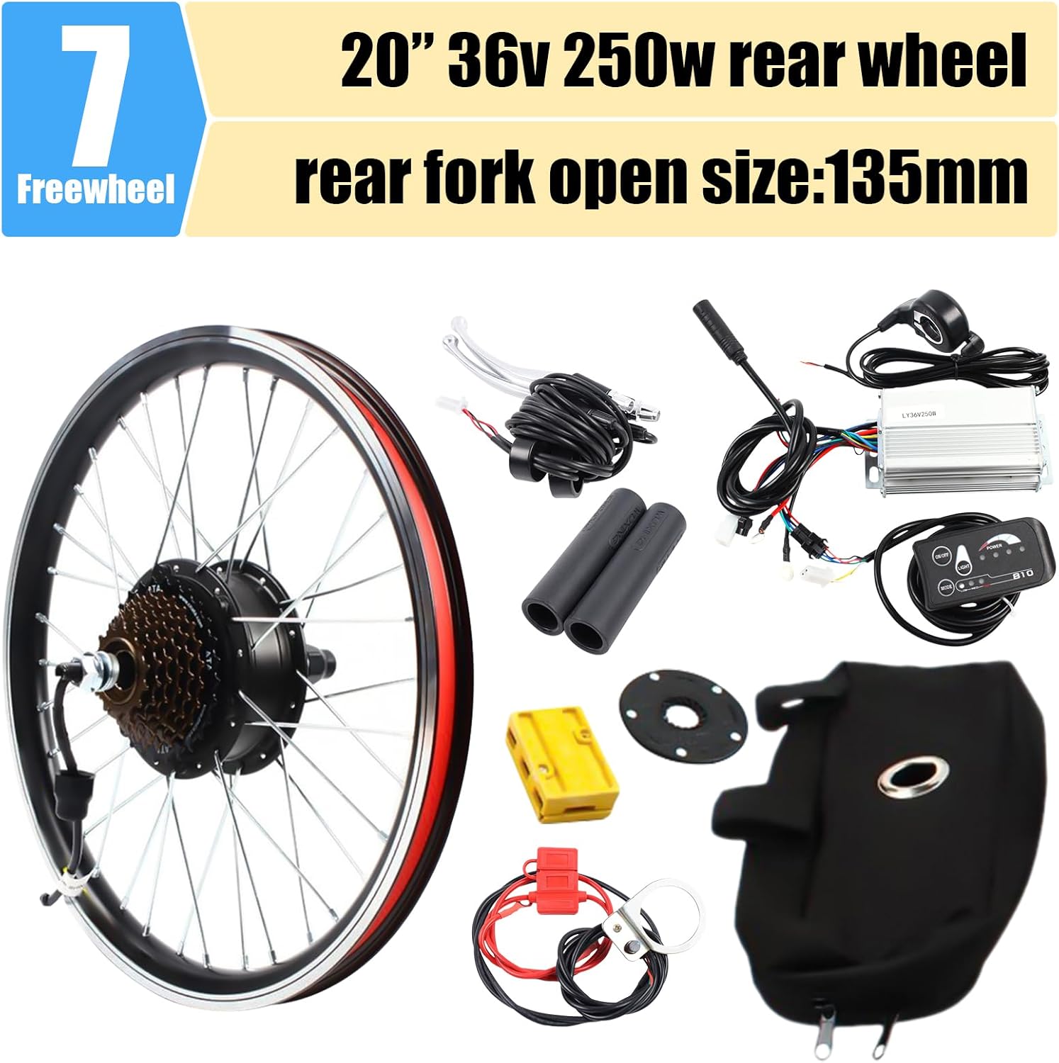 Electric Bicycle Motor Kit, Bike Motor Kit Front/Rear Wheel, E-Bike Brushless Gearless Motor 48V 1000W/ 36V 250W Wheel for 20'' Bike (36V 250W Rear Wheel)