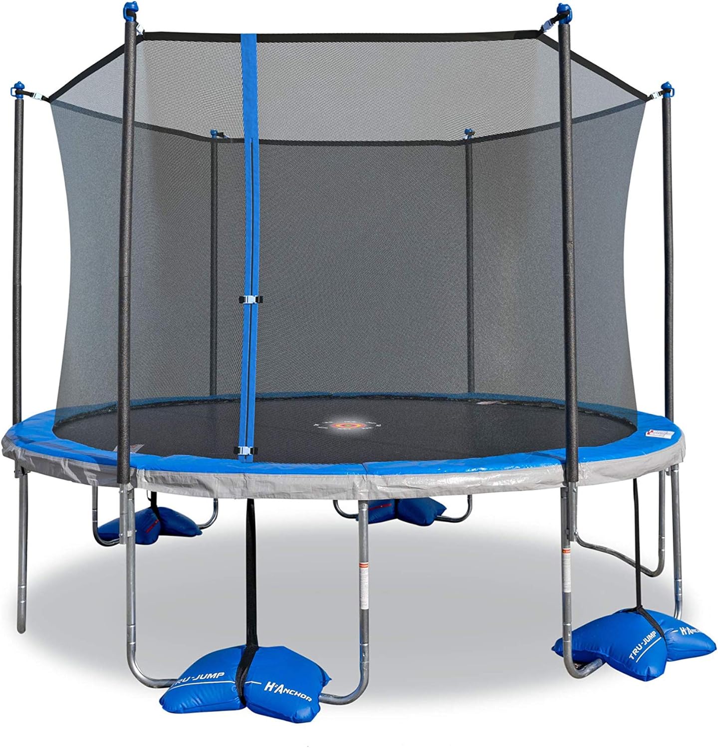 Outdoor Kids Trampoline with Safety Enclosure Net and Foam Pad, Spin-N-Light and Water Anchor, 12FT Round - Blue