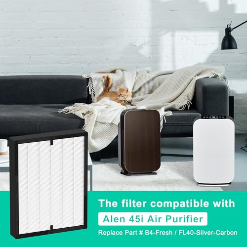 45i Replacement Filter True HEPA for A-len BreatheSmart 45i Pure and Flex Air Purifier, 1 Pack H13 True HEPA+ Activated Carbon+ 4 pack Pre-Filter, 3-in-1 Filtration, Part# B4-Fresh/ FL40-Silver-Carbon