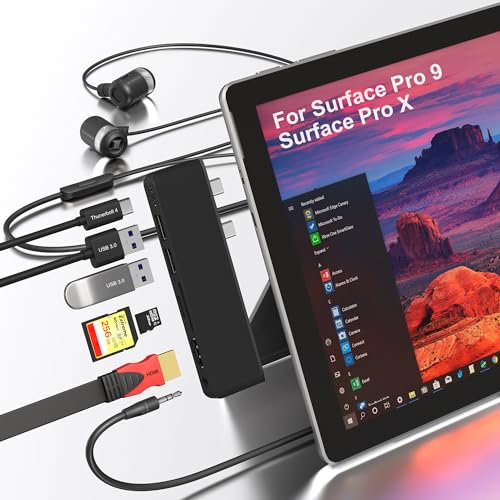 7 in 2 Surface Pro 9 Docking Station,Accessories for Microsoft Surface Pro 9/10/11 Dock Hub Dual Monitor with 4K HDMI,USB-C Thunderbolt 4 Port,100W Charging,2XUSB3.0,SD/TF Card Reader,3.5mm Audio Jack