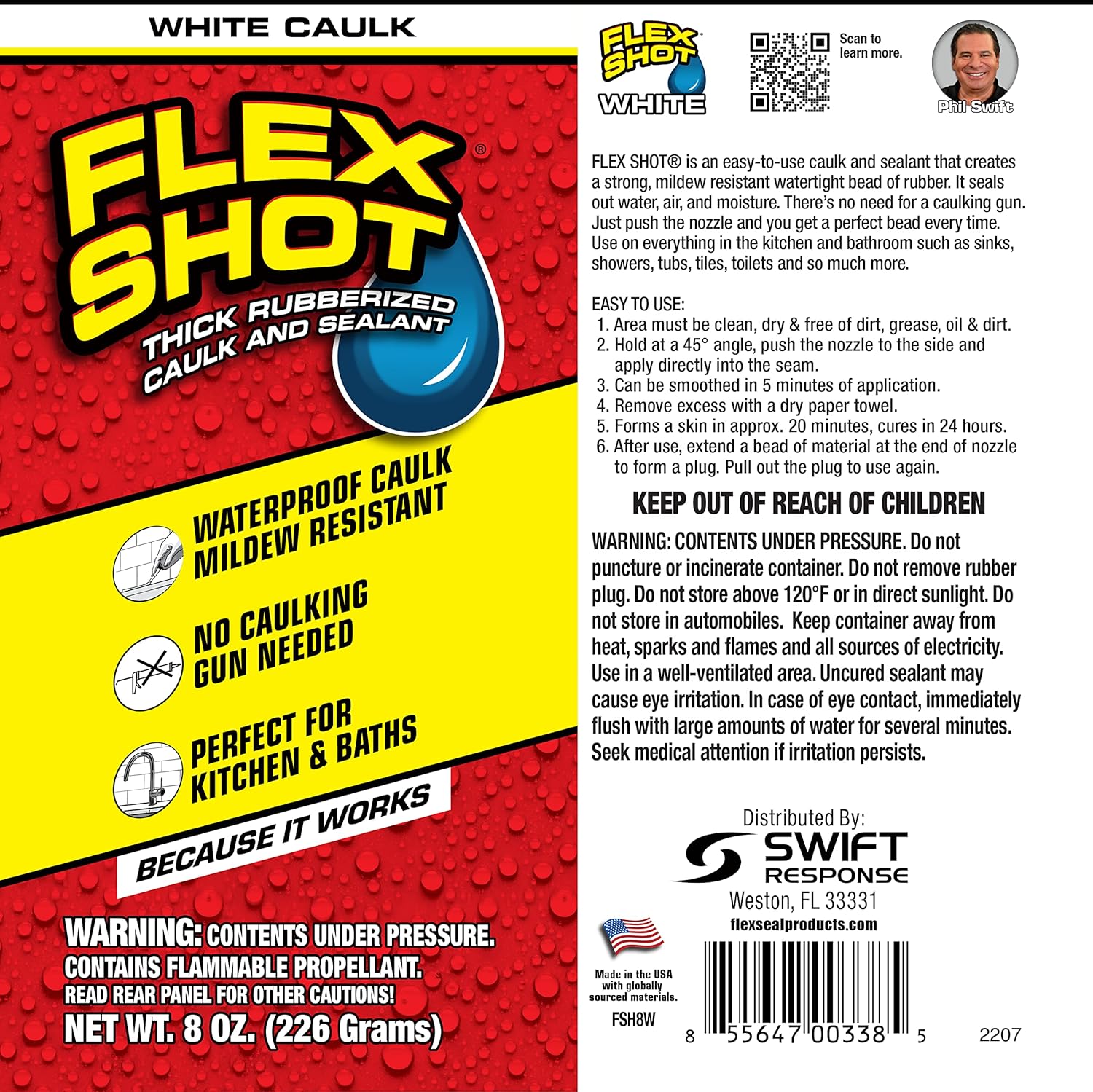 Flex Shot, 8 oz, 6-Pack, White, Flexible Rubber Silicone Sealant, Waterproof Caulk, UV Resistant, No Caulk Gun Needed, Perfect for Kitchen, Bath, Showers, Sinks, Baseboards