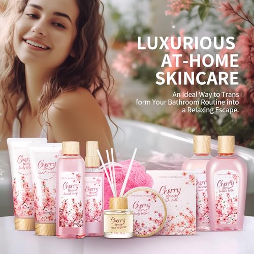 Green Canyon Spa Gifts Baskets for Women, 11pcs Cherry Blossom Spa Relaxing Gift Bags Sets with Shower Gel, Body Lotion, Christmas Birthday Anniversary Gift Baskets for Her,Mothers Day Gifts