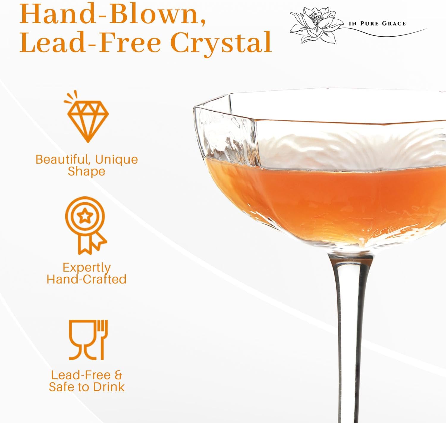 In Pure Grace Crystal Coupe Glasses Set of 4 - Hand Blown Cocktail Glass with Elegant Stem - Vintage Champagne Saucer - Glassware Sets for Daiquiris, Manhattan, Mocktail, Desserts and More