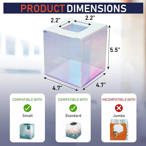 Acrylic Tissue Box Holder, Square Clear Tissue Box Dispenser for Facial Tissue, Napkins, Dryer Sheets. Perfect for Bathroom, Desks, Countertop, Vanity, Bedroom Dressers, Night Stands (Square, Clear)