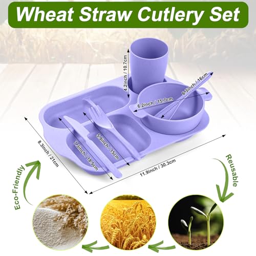 Honoson 24 Pcs Wheat Straw Dinnerware Cutlery Set Including Kids Toddlers Divided Plates Microwave Dishwasher Safe Bowl Unbreakable Tableware Straw Cutlery Spoon Knife Fork Cup (Beige)