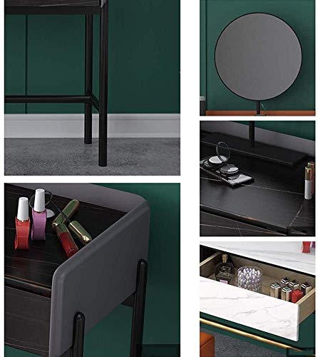 Luxury Dressing Vanity Table w/Stool for Bedroom, Dressing Table with 2 Large Drawers, Bedroom Makeup Vanity Desk with Round Mirror and Cushioned Stool(White)