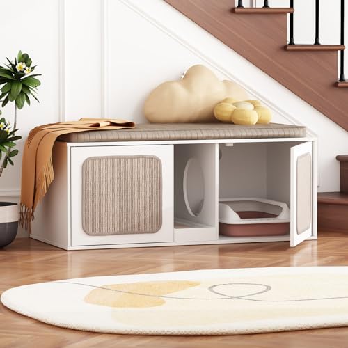 Lovinouse Hidden Cat Litter Box Enclosure Furniture, 43.3 Inch Cat Washroom with Double Room and Litter Catch, Wooden Cat House Side End Table Nightstand for Indoor (White)
