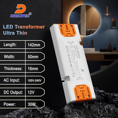 DUSKTEC 12V LED Driver 30W 2.5A, IP44 Slim Low Voltage DC Transformer, 110V 120V to 12 Volt Converter LED, Constant Voltage Power Supply Unit for LED Light Strips, Light Bulbs, LED Module, Doorbell