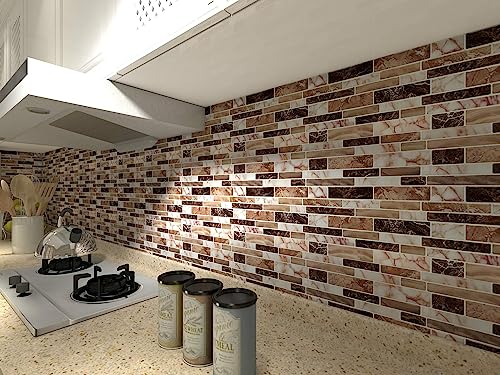 Art3d Peel and Stick Backsplash Tiles for Kitchen, 10-Sheet Stick on Wall Tiles for Kitchen Bathroom Laundry Room Back Splashes, 12 x 12 Inch, Brown Stone Design