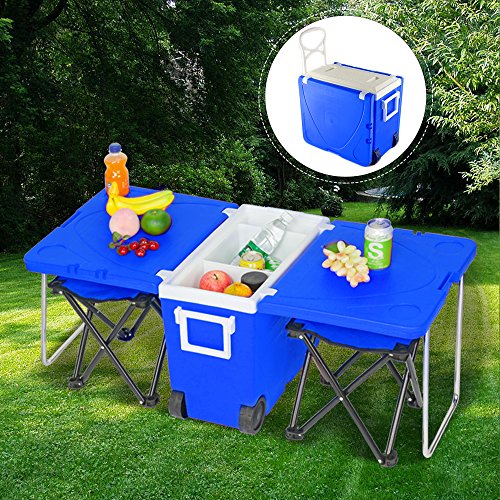 Multifunctional Cooler, Cooler with Wheels for Outdoot Picnic, 28L Foldable Rolling Cooler with Table & 2 Folding Upgraded Chairs
