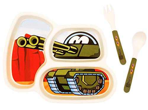 Kid Plate Set Bamboo Toddler Plates Dinnerware Dinner Dish Set Baby Feeding Spill Proof Divided Plate - Baby Spoon and fork 3-Piece Set for Kids and Toddlers Teaches Child Portion Control