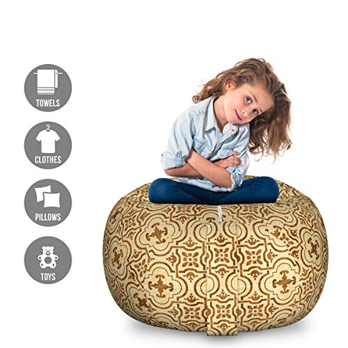 Ambesonne Earth Tones Storage Toy Bag Chair, Old Fashioned Damask Style Curved Floral Shapes Classical Grunge Motif, Stuffed Animal Organizer Washable Bag, Small Size, Beige and Brown