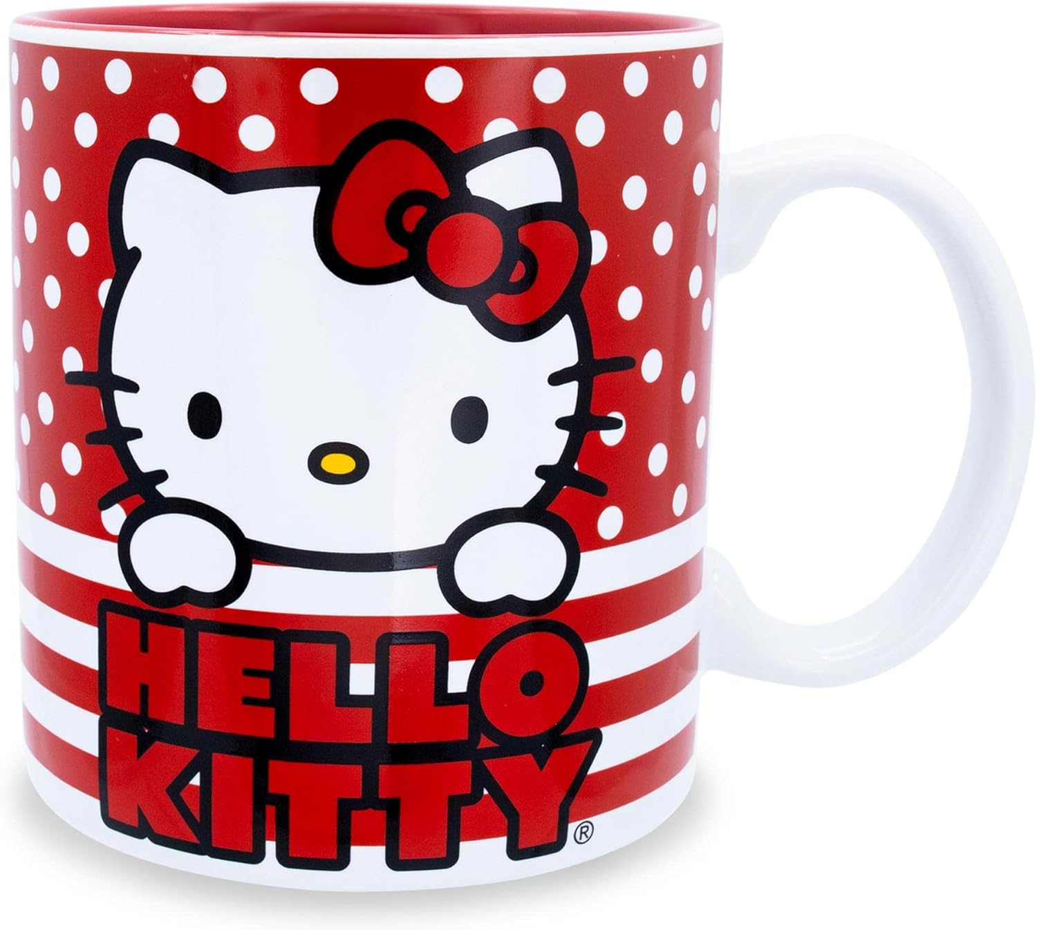 Sanrio Hello Kitty Dots And Stripes Ceramic Mug | Large Coffee Cup For Tea, Espresso, Cocoa | Holds 20 Ounces
