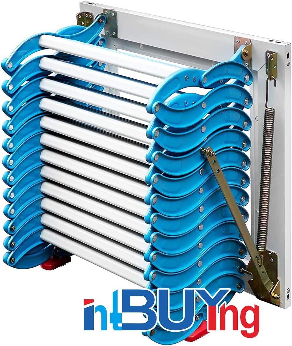 INTBUYING 12 Pedals Blue-white Loft Large Wall Ladder, Wall Mounted Attic Extension Folding Stair Al-Mg Alloy Material Max 9.8 ft Vertial Height with Two Armrests and Long Pull Rod