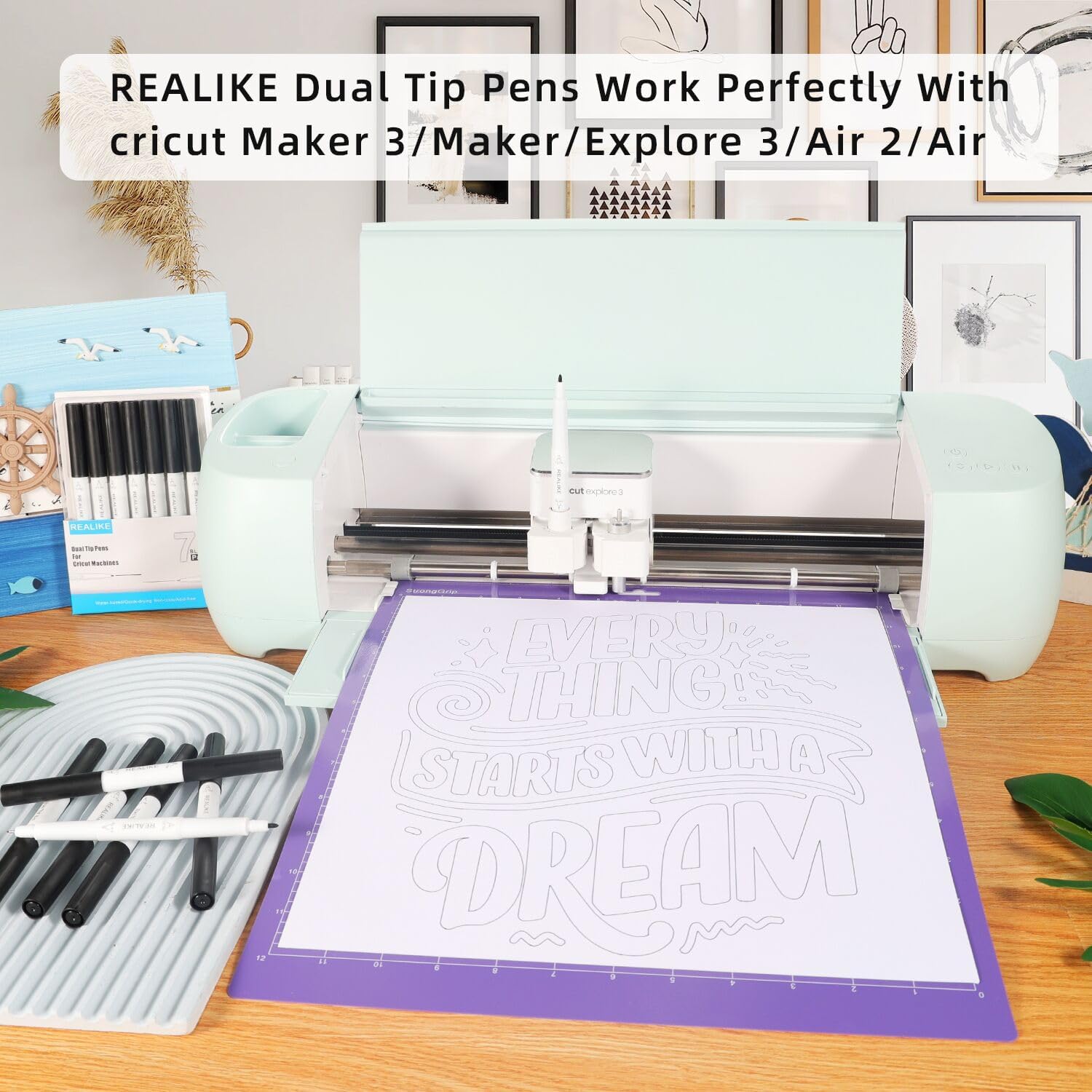 REALIKE Dual Tip Pens for Cricut Maker 3/Maker/Explore 3/Air 2/Air, Black Pens Set of 7 Pack Dual Tip Marker Fine Point Pen Writing Drawing Accessories for Cricut Machine (0.4 Tip & 1.0 Tip)