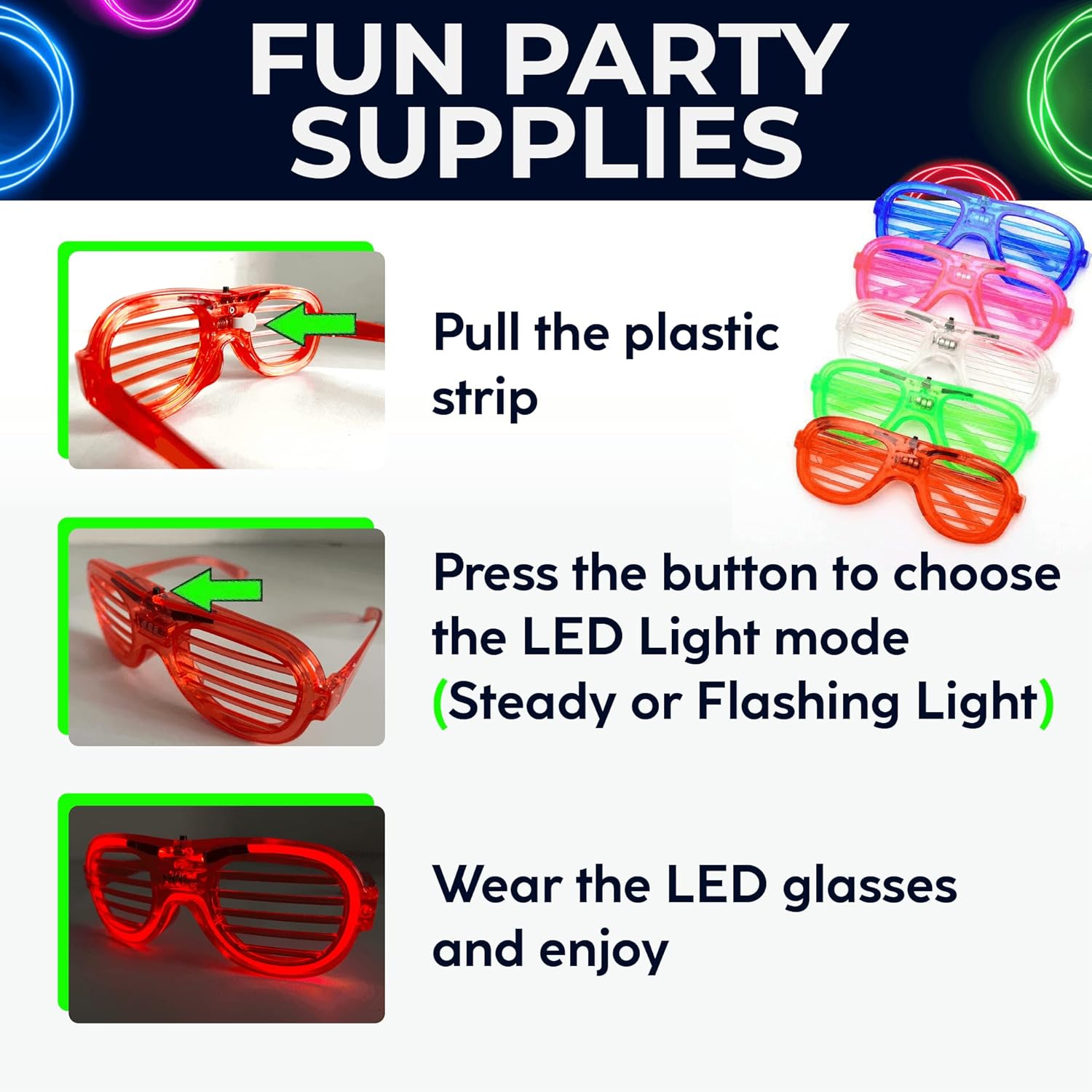 Toysery Neon LED Glasses Party, 25 Pieces Glow in the Dark Glasses, Light Up Party Supplies, Ideal Kid Party Favors, Fun Glow in the Dark Party Favors for New Years Light Up Glasses