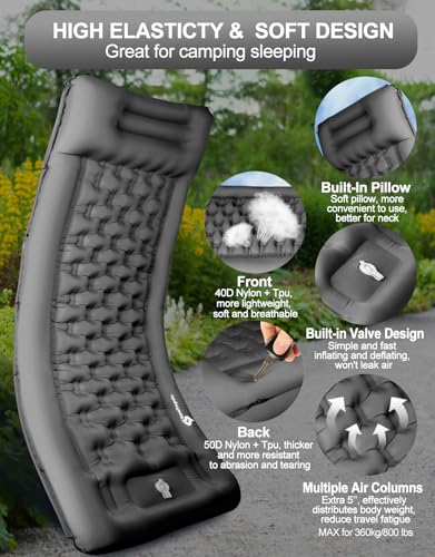 Sleeping Pad for Camping Extra Thick 5'' - Camping Sleeping Mat with Pillow, Self Inflating Camping Pad Built-in Foot Pump, Inflatable Mattress Camping Backpacking Hiking Traveling (Green)