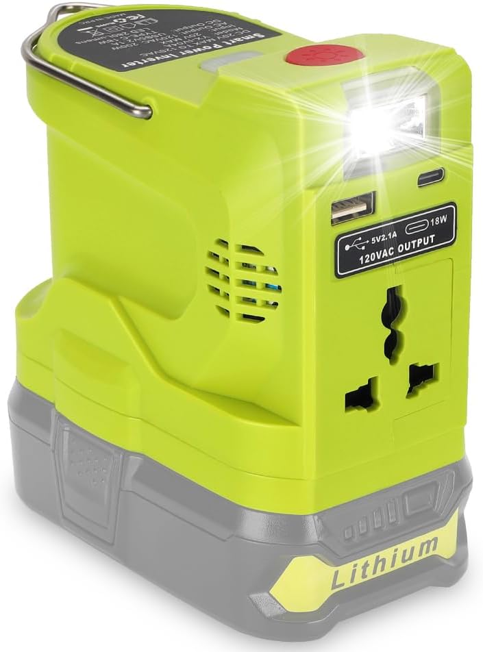 200W Powered Generator Inverter for Ryobi 18V Lithium Battery Portable Small Power Station Power Source Battery Generator DC18V to AC 110V-120V with USB Port 280LM Light for Outdoors Camping Hiking