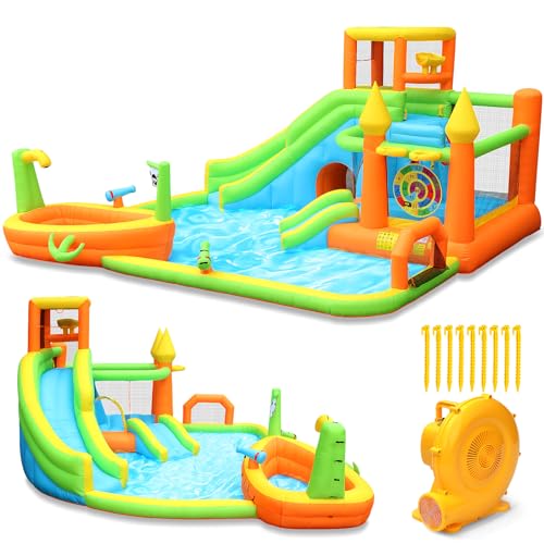 Inflatable Water Slide Park, Large Water Bouncer Castle Fun Bouncy House with Large Pool, Dual Slides, Climbing Wall, Basketball, Soccer, Archery, Toss Game, Easy to Set Up with Air Blower